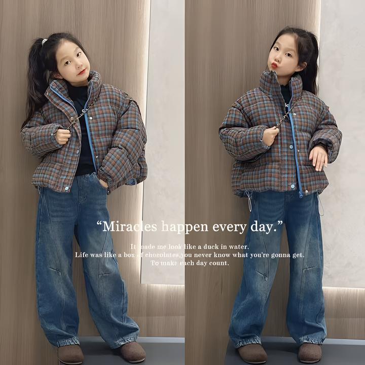 女童棉服2025新款冬季大童立领格子棉衣外套儿童冬装夹棉加厚棉袄