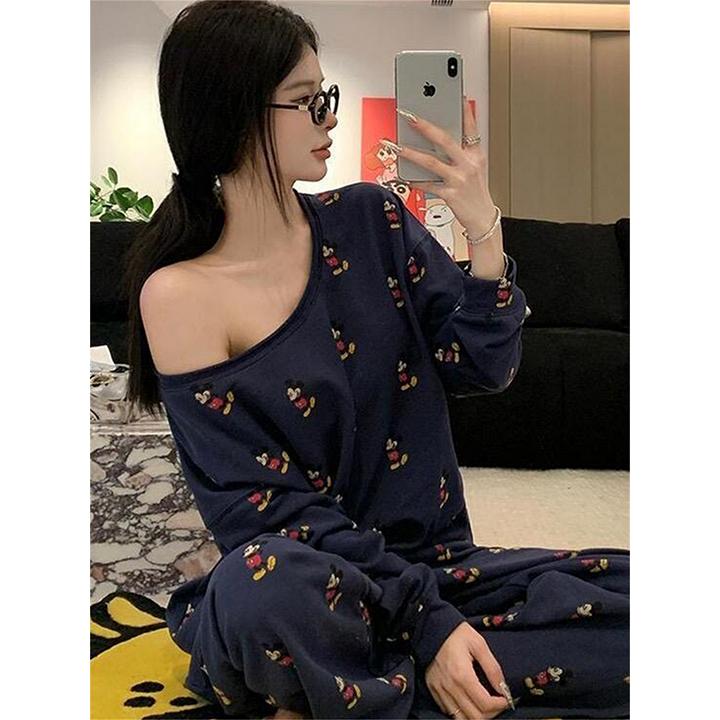 【纯欲风米奇】少女卡通露肩长袖睡衣秋冬2024年新款家居服两件套
