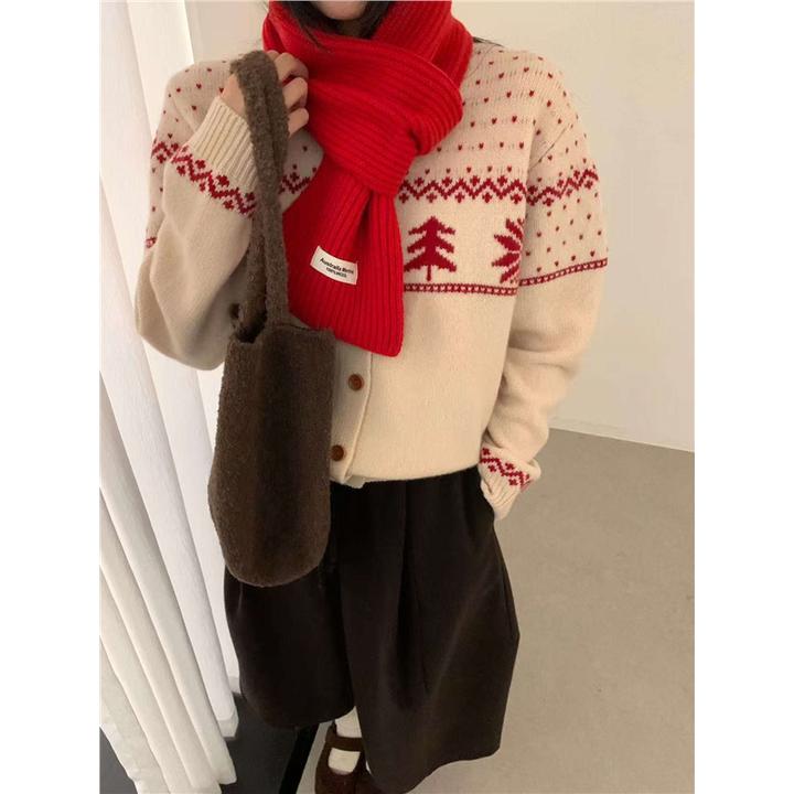 简约宽松时尚气质复古费尔岛提花针织衫开衫外套显瘦百搭毛衣