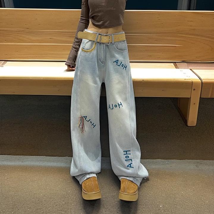 女孩牛仔裤2025春季阔腿裤刺绣小众设计显瘦宽松拖地裤阔腿牛仔