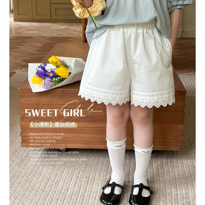 【纯棉花边】【现货】女童韩版夏季热裤甜美淑女百搭蕾丝边短裤25C063