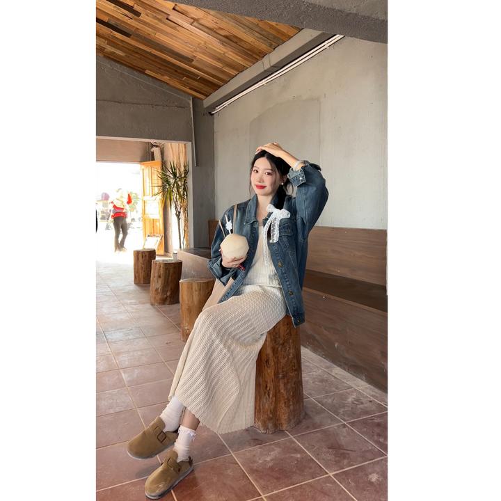 2025春季新款温柔气质牛仔开衫外套内搭镂空针织包臀连衣长裙套装