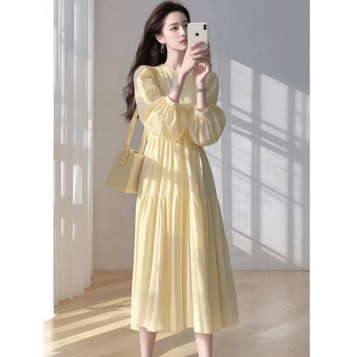 法式高级感黄色宽松衬衫连衣裙女早春新款海边度假风仙女气质长裙