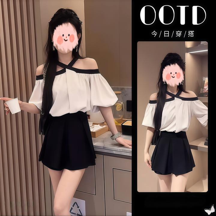 超火夏季穿搭一整套2025新款露肩泡泡袖衬衫百搭阔腿短裤裙两件套