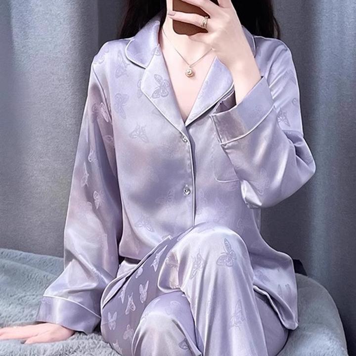 【520礼物送老婆女朋友】新款水光绸睡衣女紫色高级蝴蝶提花家居服