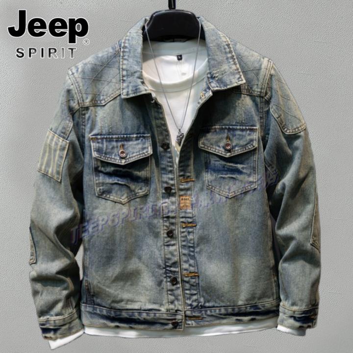 Jeep吉普牛仔夹克男工艺线缝手臂洗水大口袋翻领机车牛仔上衣外套