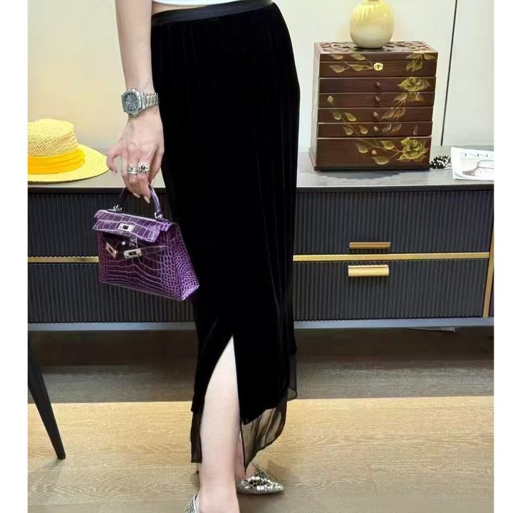 欧货洋派女黑色丝绒拼纱不规则下摆半身裙时尚百搭大尺码显瘦长裙
