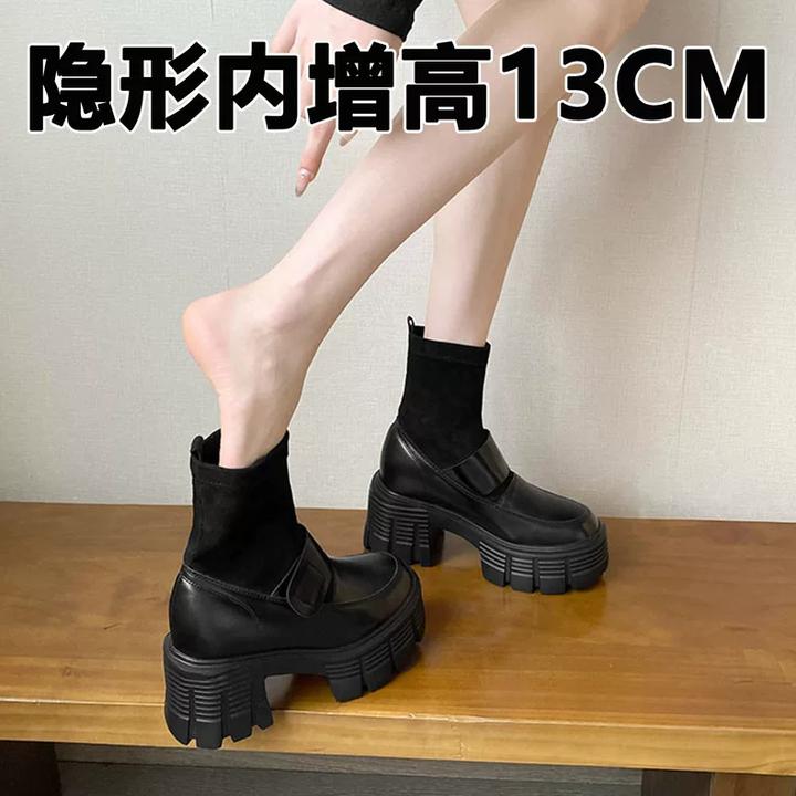 13cm内增高真皮弹力瘦瘦袜靴女2025秋冬新款厚底休闲小个子短靴