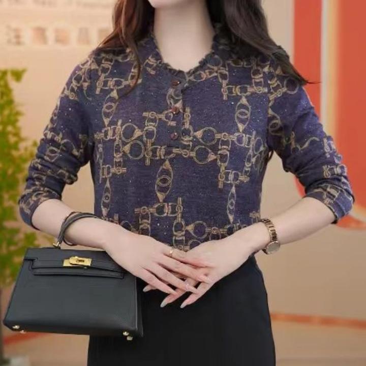 【洒银】早秋长袖薄款弹力印花针织衬衫妈妈装大码时尚打底上衣