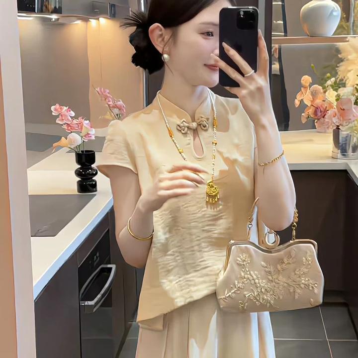 国风新中式短袖衬衫女2025新款夏季网红复古水滴领宽松T恤上衣潮