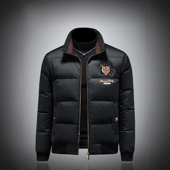 轻奢高端鸭绒羽绒服男款冬季短款立领加厚保暖刺绣外套2025新款