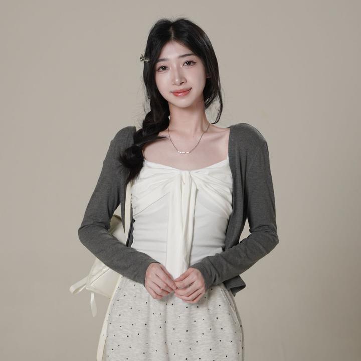 三福 秋季显瘦气质长袖法式蝴蝶结开衫+吊带套装 513197