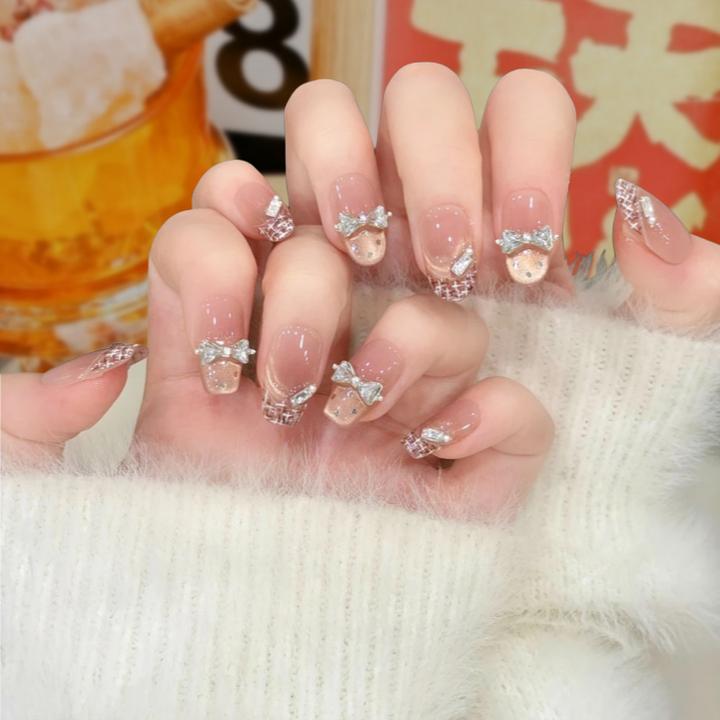 【格蕾小香】手工穿戴甲可拆卸可爱香风短款蝴蝶结温柔显白猫眼美甲