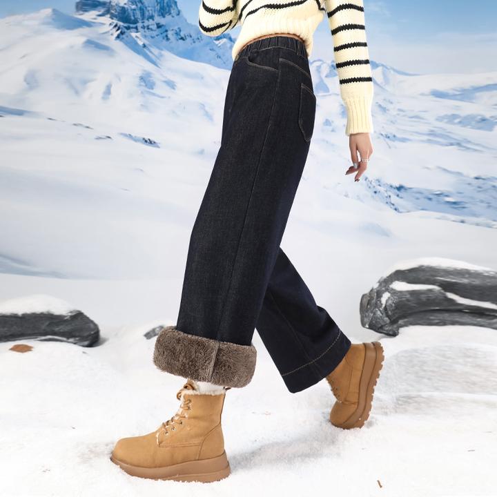加绒九分直筒牛仔裤女秋冬新款加厚保暖高腰宽松显瘦窄版阔腿裤