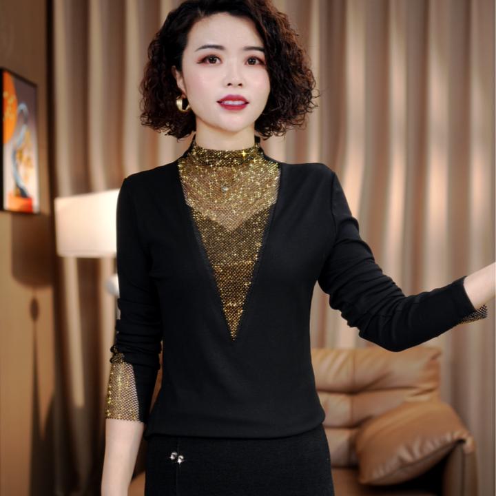 新款欧版洋气镶钻加绒常规保暖长袖法式女T恤内搭百搭显瘦小衫