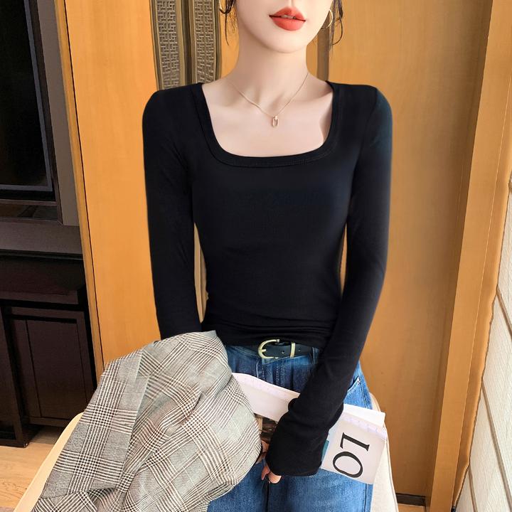 方领百搭经典打底衫女秋冬季保暖内搭修身显别致上衣白色简约长袖