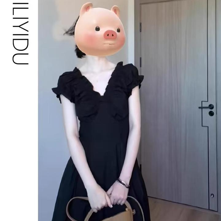 新款收腰显瘦气质小个子泡泡连衣裙法式夏季裙子赫本高级黑色长裙