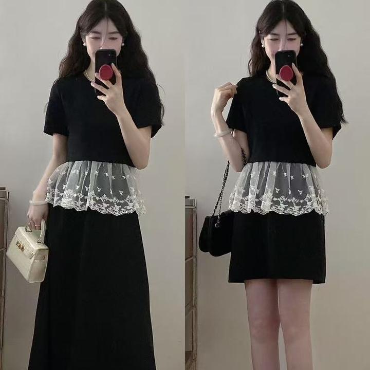 大码时尚高级感套装女夏季蕾丝上衣胖MM遮肚显瘦气质半身裙两件套