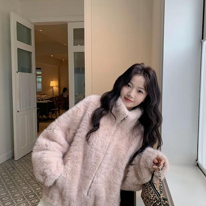 花胡貂新款立领毛毛外套女中长款韩版宽松百搭加厚毛绒上衣女