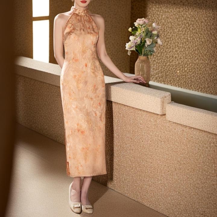 时尚改良年轻少女款长款挂脖露肩旗袍2025春新款日常可穿无袖旗袍