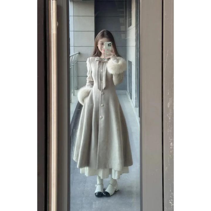 法式复古气质收腰显瘦毛呢外套女秋冬千金感蝴蝶结高级感呢子大衣