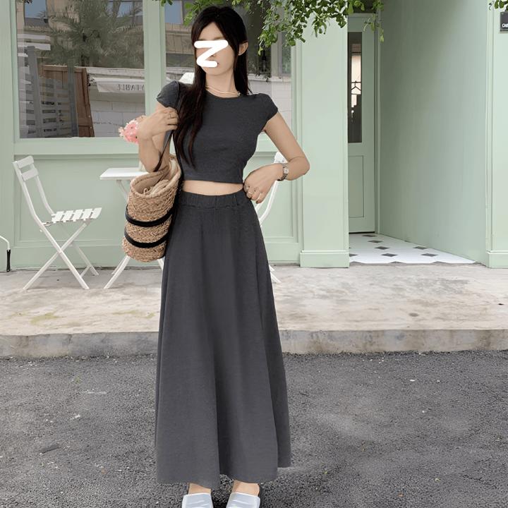 小个子显瘦A字半身裙灰色短袖T恤两件套仙女风森系INS原宿慵懒18