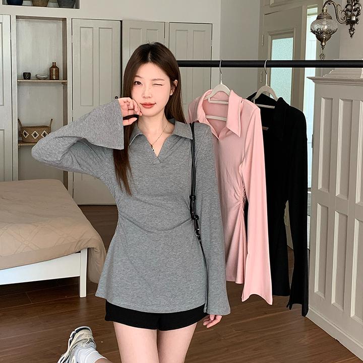 2025春装新款大码女胖mm收腰显瘦v领设计感喇叭袖T恤长袖上衣