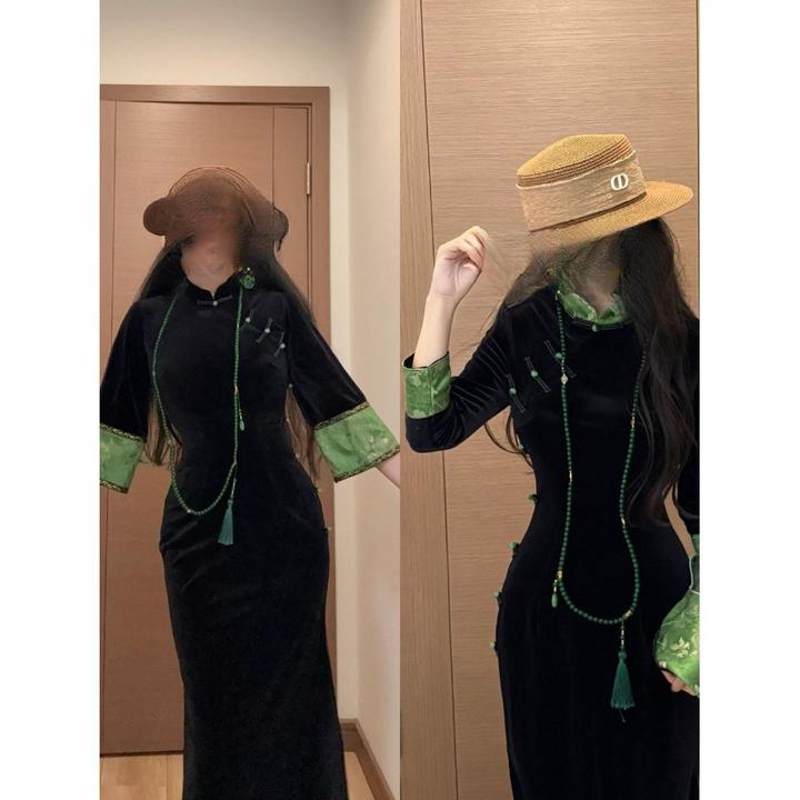 画报夫人原创自制秋冬新款新中式贵气上档次改良旗袍修身连衣裙