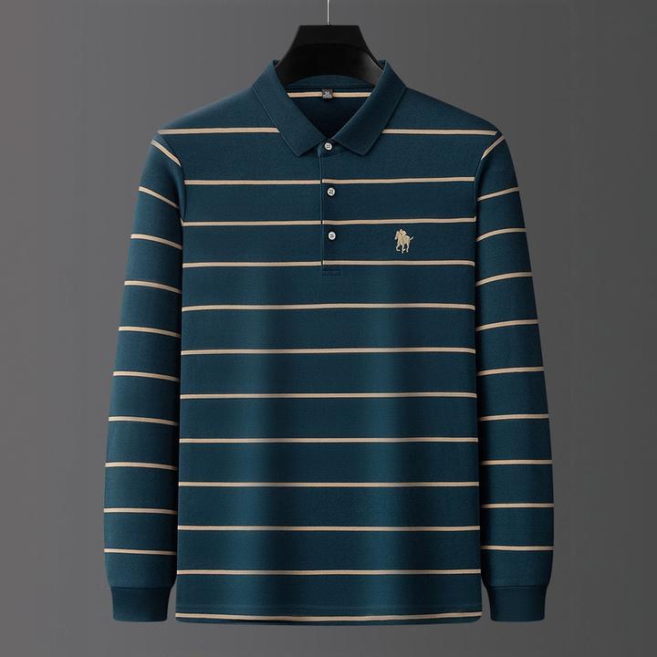 内米霍切高端轻商务保罗马刺绣条纹polo衫男士长袖翻领上衣秋冬款