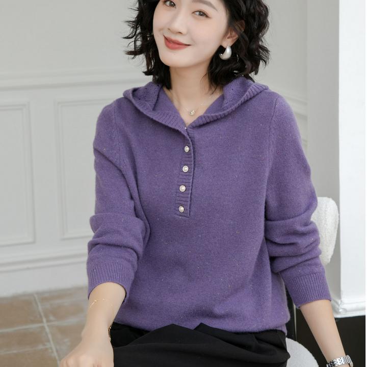 韩衣奇迹女士宽松秋冬连帽长袖毛衣彩点羊毛衫洋气休闲百搭针织衫