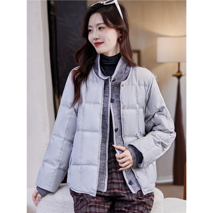 DUCURNO假两件针织拼接羽绒服女2025冬季韩版加厚保暖白鸭绒外套