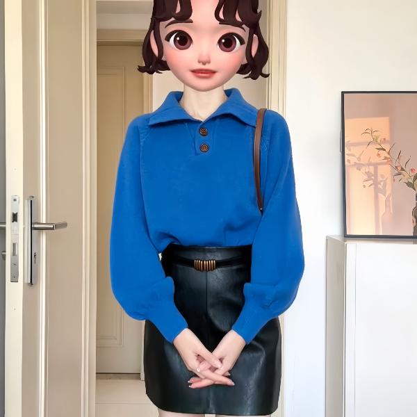 【蓝色恋人】蓝色显白polo领针织毛衣搭配皮裙初春套装时尚显瘦