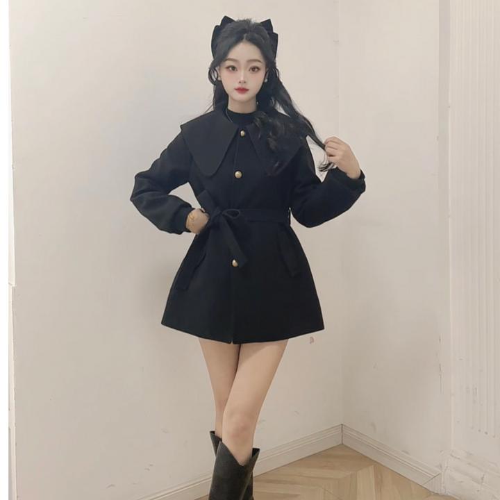 IEF/爱依服2025冬季新款气质显瘦高级黑呢绒中外套时尚收腰赫本风