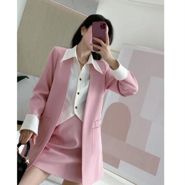 假两件拼接西装外套+后松紧半身裙两件套