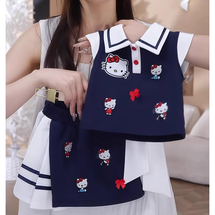 女童polo衫百褶裙套装2025夏季女宝卡通无袖半身裙学院风jk背心潮