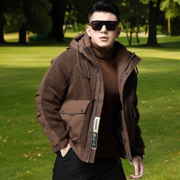 维斯克纳冬季羊羔绒外套男士潮流美式休闲工装保暖连帽羽绒服男款