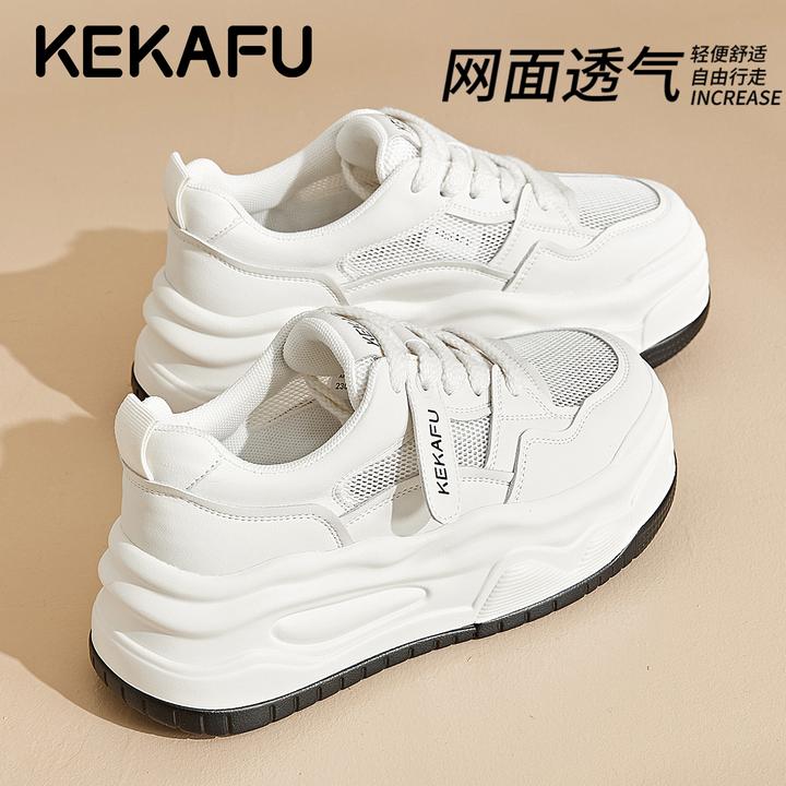 珂卡芙真皮增高网面小白鞋女款2025秋季新款透气网鞋厚底休闲板鞋