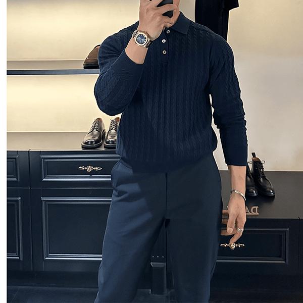 藏青色扭花翻领针织polo衫毛衣男士2025春秋新款高端休闲长袖打底