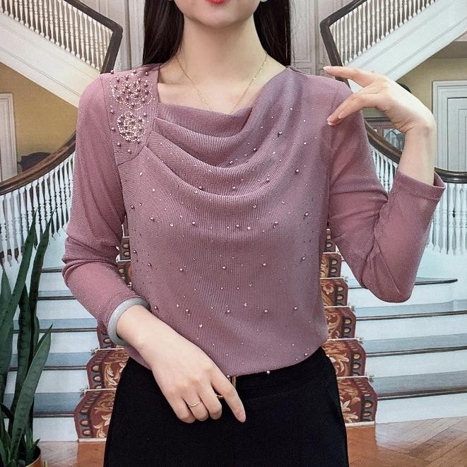 2025年春季新款时尚显瘦钉珠堆堆领长袖女士上衣打底衫018