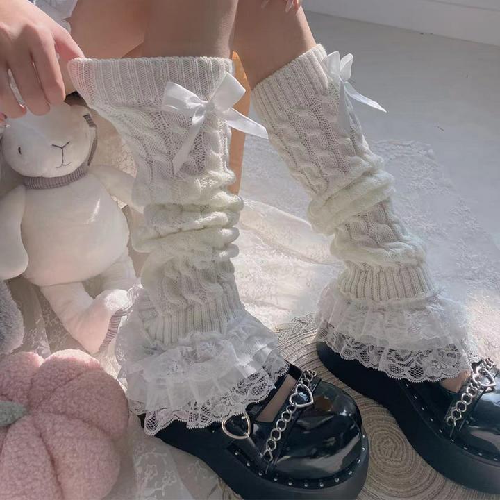 Lolita日系显瘦小腿袜套甜美蕾丝花边蝴蝶结堆堆袜子jk中筒腿套
