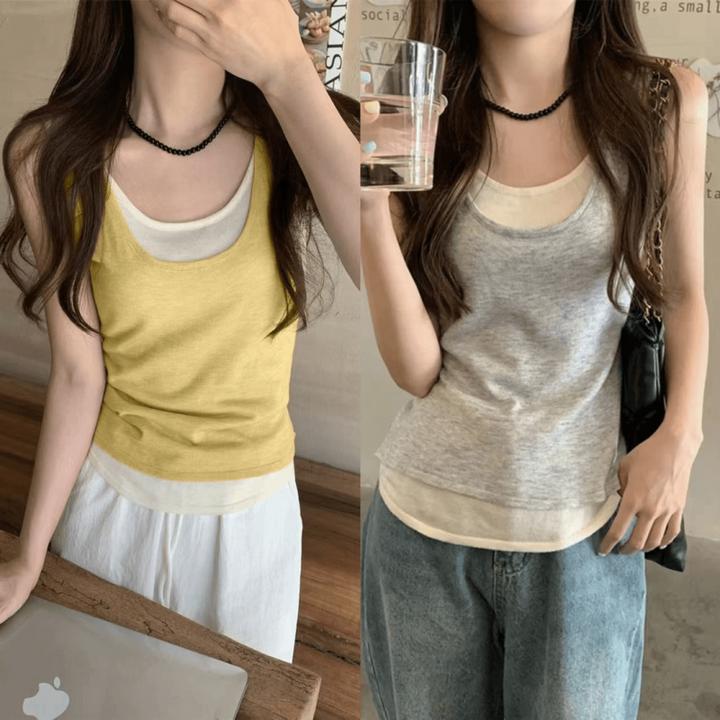 春夏季设计感假两件撞色吊带背心女大码外穿百搭显瘦内搭无袖上衣