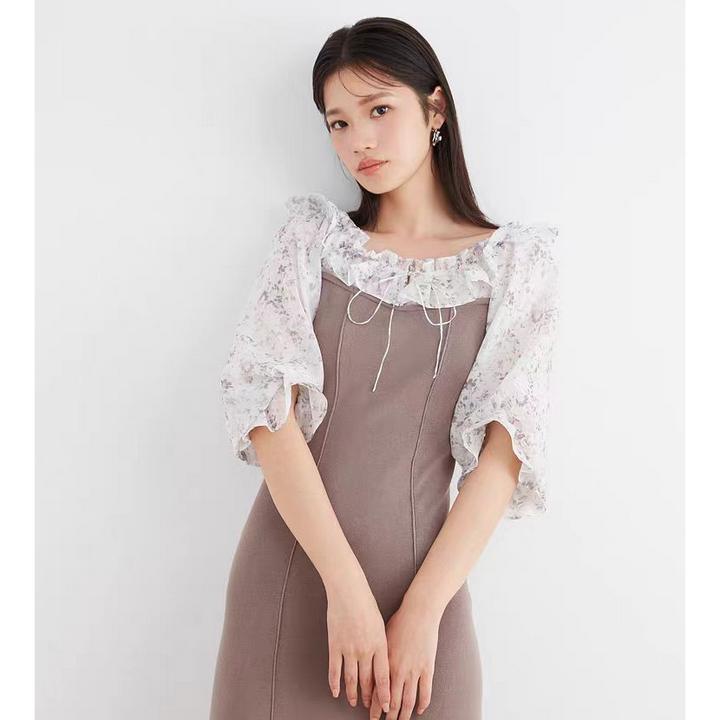 SNIDEL新品甜美荷叶边碎花拼接针织收腰连衣裙SWNO242075