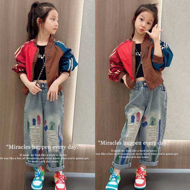 【爆款热销】女童套装撞色夹克衫外套2025新款韩版儿童时髦短休闲宽