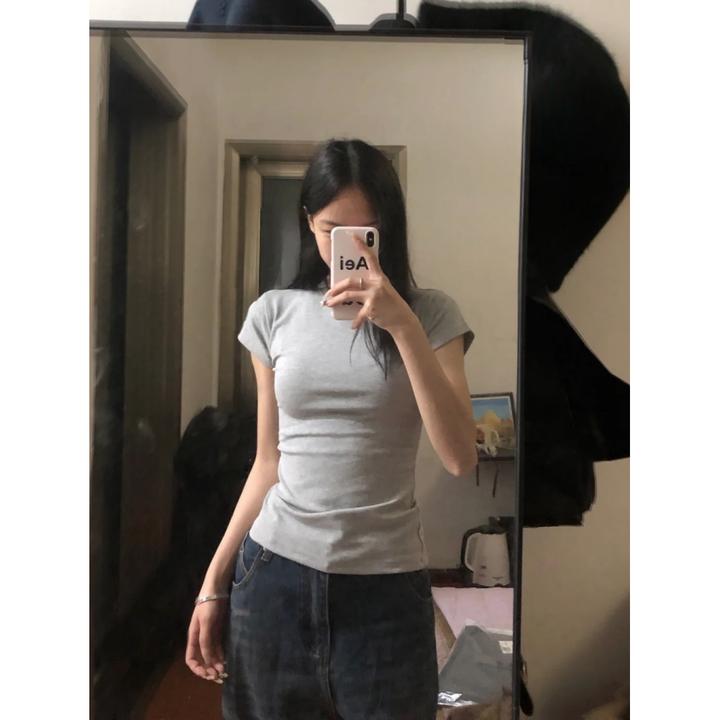【运补6米】灰色短袖正肩t恤女夏季设计感小众修身显瘦百搭圆领上衣