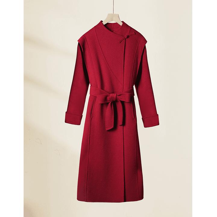 新中式气质时尚中长款秋冬毛呢外套轻奢婚礼结婚双面呢翻领酒红色