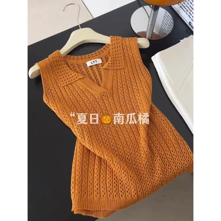2025夏装新款设计感镂空针织衫背心女翻领宽松无袖坎肩上衣