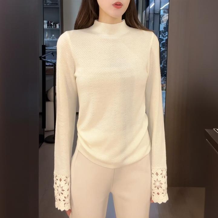 半高领钩花镂空长袖针织衫女2025年秋冬季新款时尚显瘦打底衫上衣