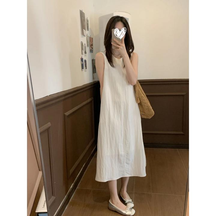 韩版小众显瘦气质法式宽松中长款无袖纯色设计感连衣裙 9758