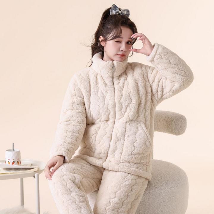 女家居服套装可外穿三层夹棉睡衣女士加厚套装保暖