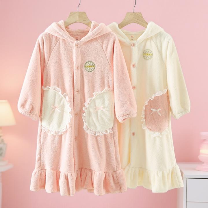 吸水速干女童浴袍秋冬加厚儿童珊瑚绒浴衣中大童宝宝长袖连帽睡袍